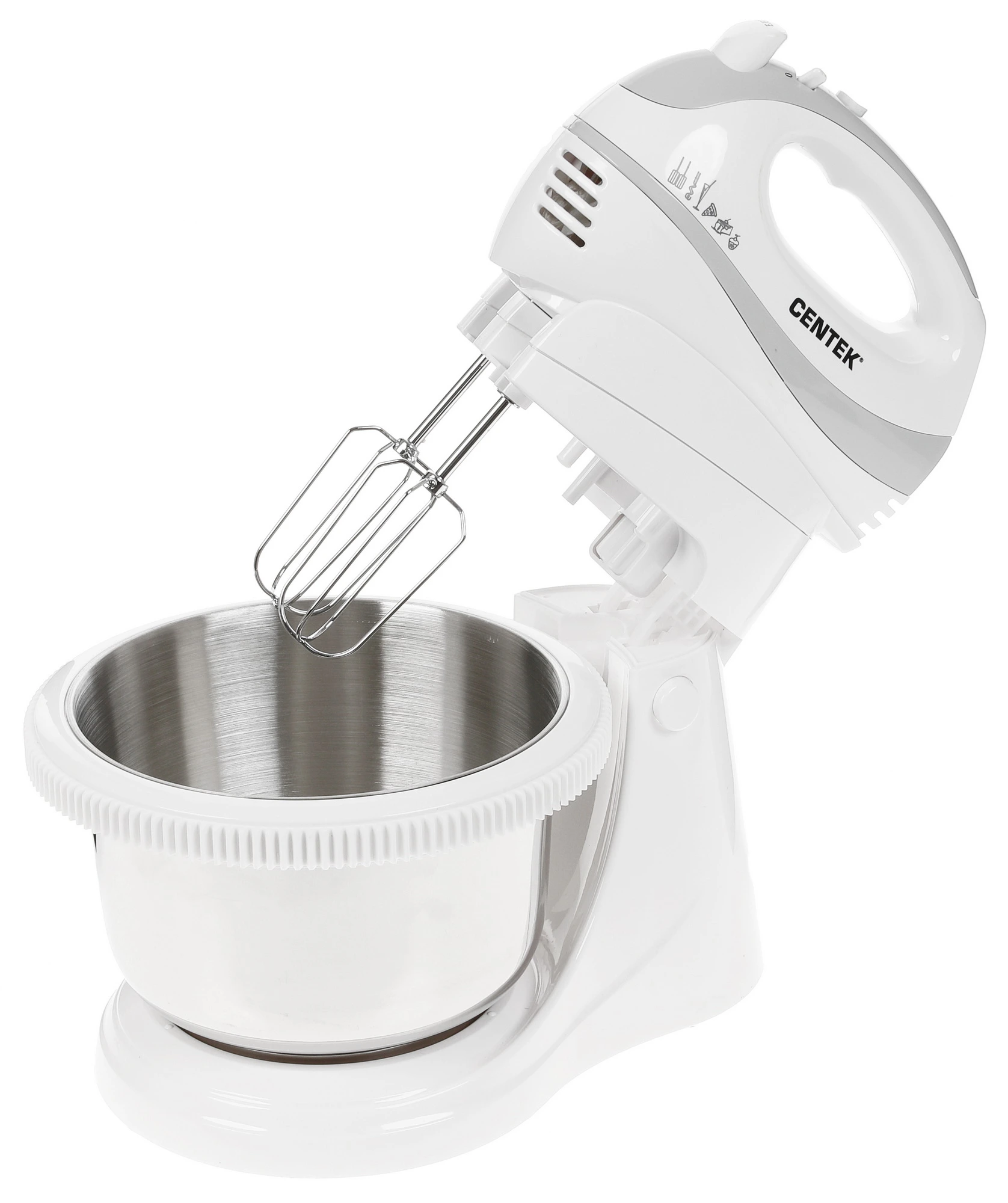 Миксер Centek CT-1107 белый/серебристый, стационарный, 350 Вт, 3.5 л, 5 скоростей
