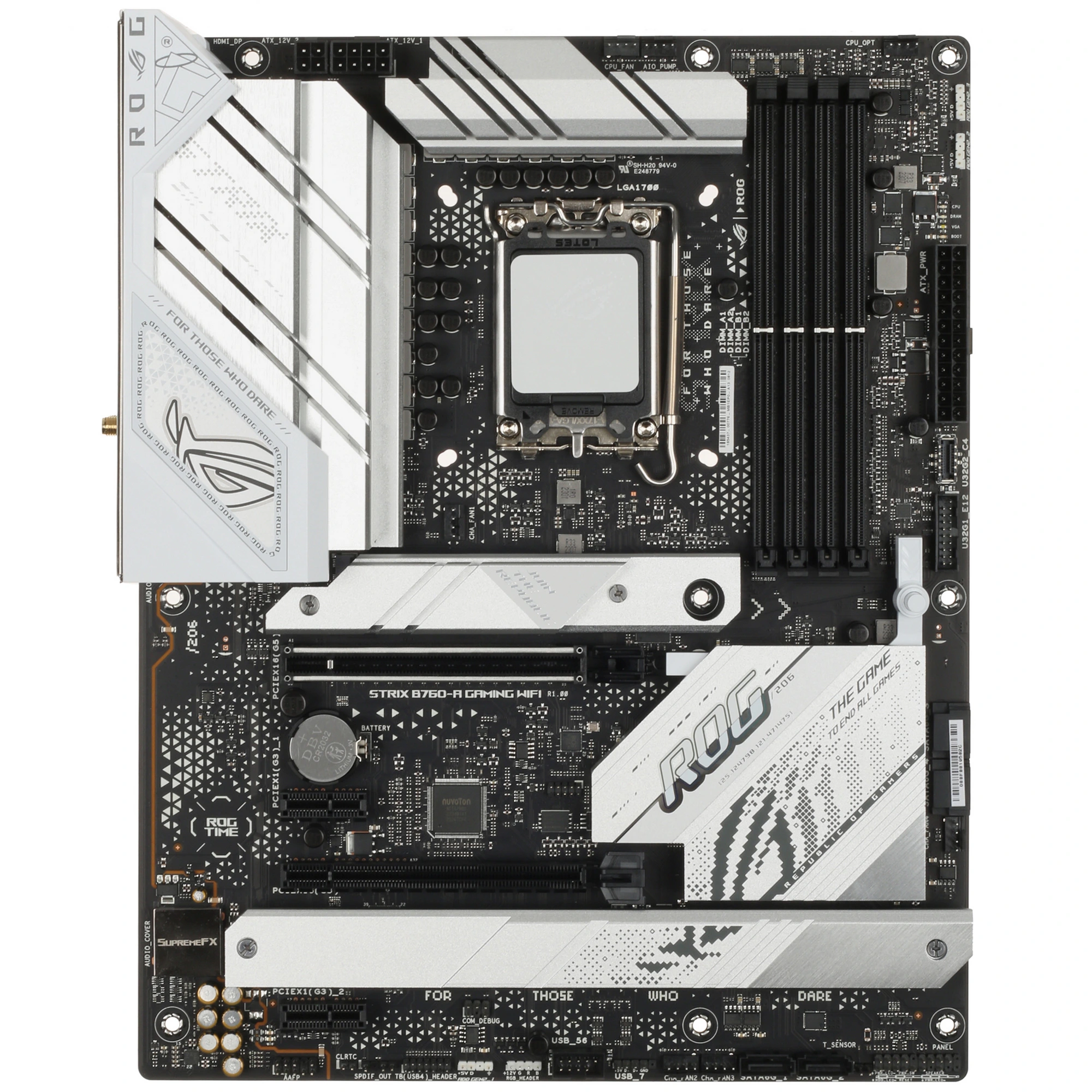Материнская плата ASUS ROG STRIX B760-A GAMING WIFI, LGA1700, Intel B760, 4xDDR5, 4xSATA, 3xM.2, 2xPCIe x16, 2xPCIe x1, DisplayPort, HDMI, 1x2.5Gb LAN, USB Type-C, 5x3.5 мм, 7.1, ATX