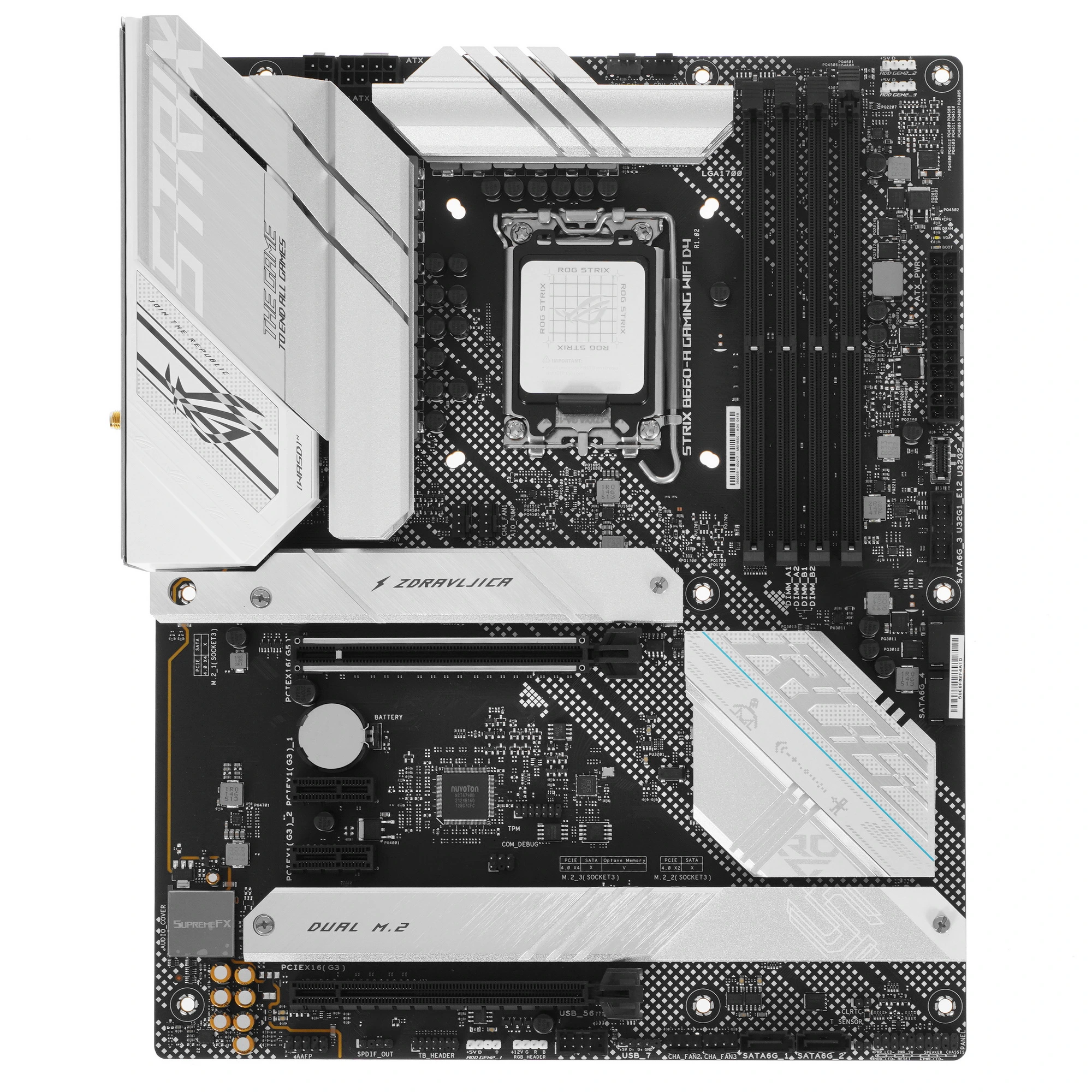 Материнская плата ASUS ROG STRIX B660-A GAMING WIFI D4, LGA 1700, Intel B660, 4xDDR4, 4xSATA, 3xM.2, 1xPCIe 5.0 x16, 1xPCIe 3.0 x4, 2xPCIe x1, 1xHDMI, 1xDP, 1x 2.5Gb LAN, 4xUSB 2.0, 2xUSB 3.2 Gen 1, 1xUSB-A 3.2 Gen 2, 1xUSB-C 3.2 Gen 1, 1xUSB-C 3.2 Gen 2x2, 5x3.5 мм, 7.1, ATX, фото2