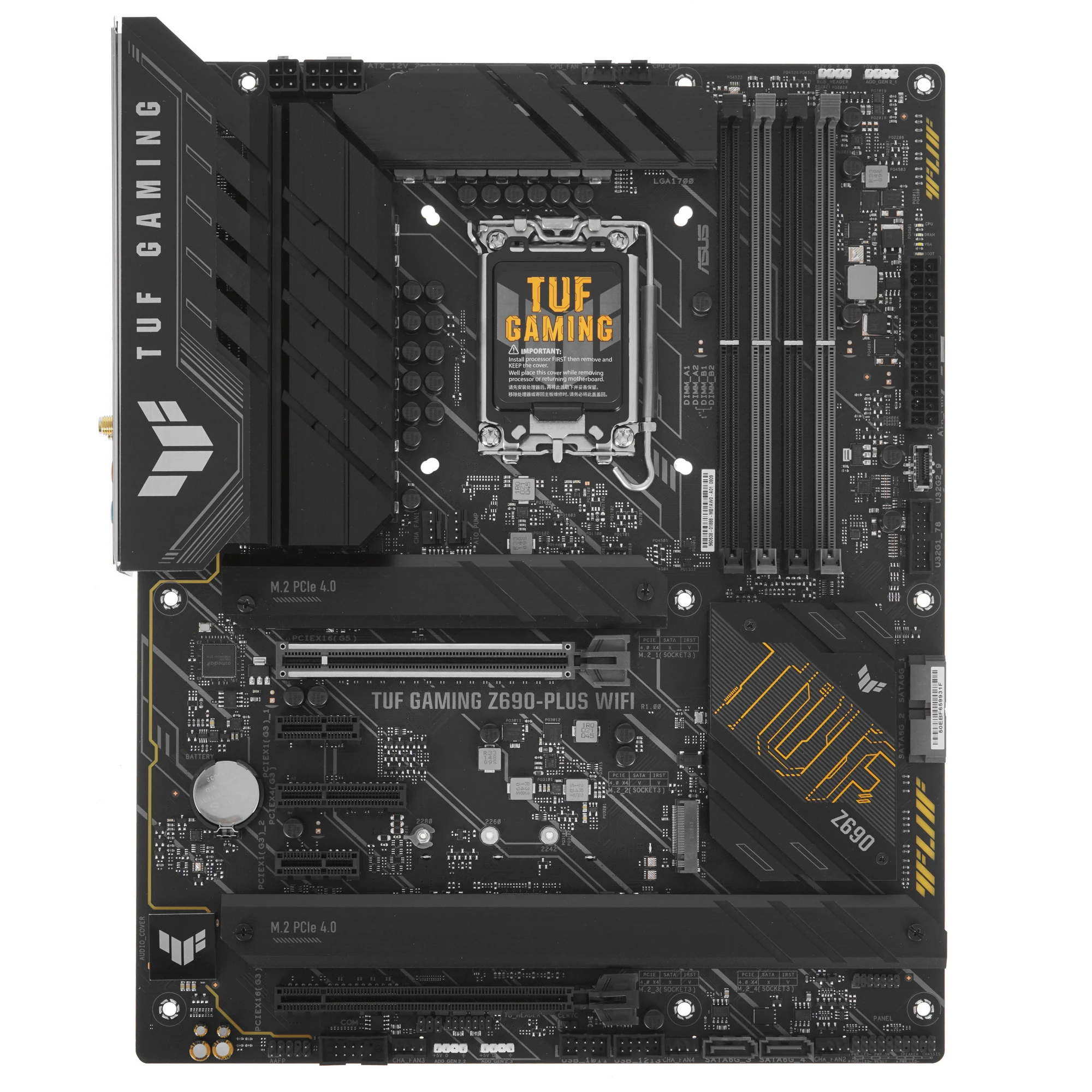 Материнская плата ASUS TUF GAMING Z690-PLUS WIFI, LGA1700, Intel Z690, 4xDDR5, 4xSATA, 4xM.2, 1xPCIe 5.0 x16, 1xPCIe 3.0 x4, 2xPCIe 3.0 x1, 1xDP, 1xHDMI, 1x2.5Gb LAN, Wi-Fi 6E, Bluetooth 5.2, 1xUSB-C 20Gbps, 1xUSB-C 5Gbps, 2xUSB-A 10Gbps, 4xUSB-A 5Gbps, 5x3.5 мм, 7.1, ATX