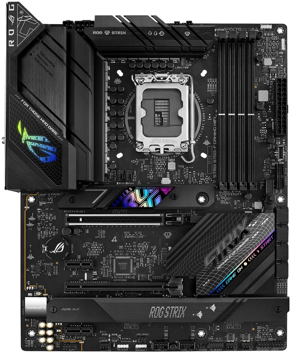 Материнская плата ASUS ROG STRIX B760-F GAMING WIFI, LGA1700, Intel B760, 4xDDR5, 4xSATA, 3xM.2, 2xPCIe x16, 2xPCIe x1, DisplayPort, HDMI, 1x2.5Gb LAN, USB Type-C, 5x3.5 мм, 7.1, ATX
