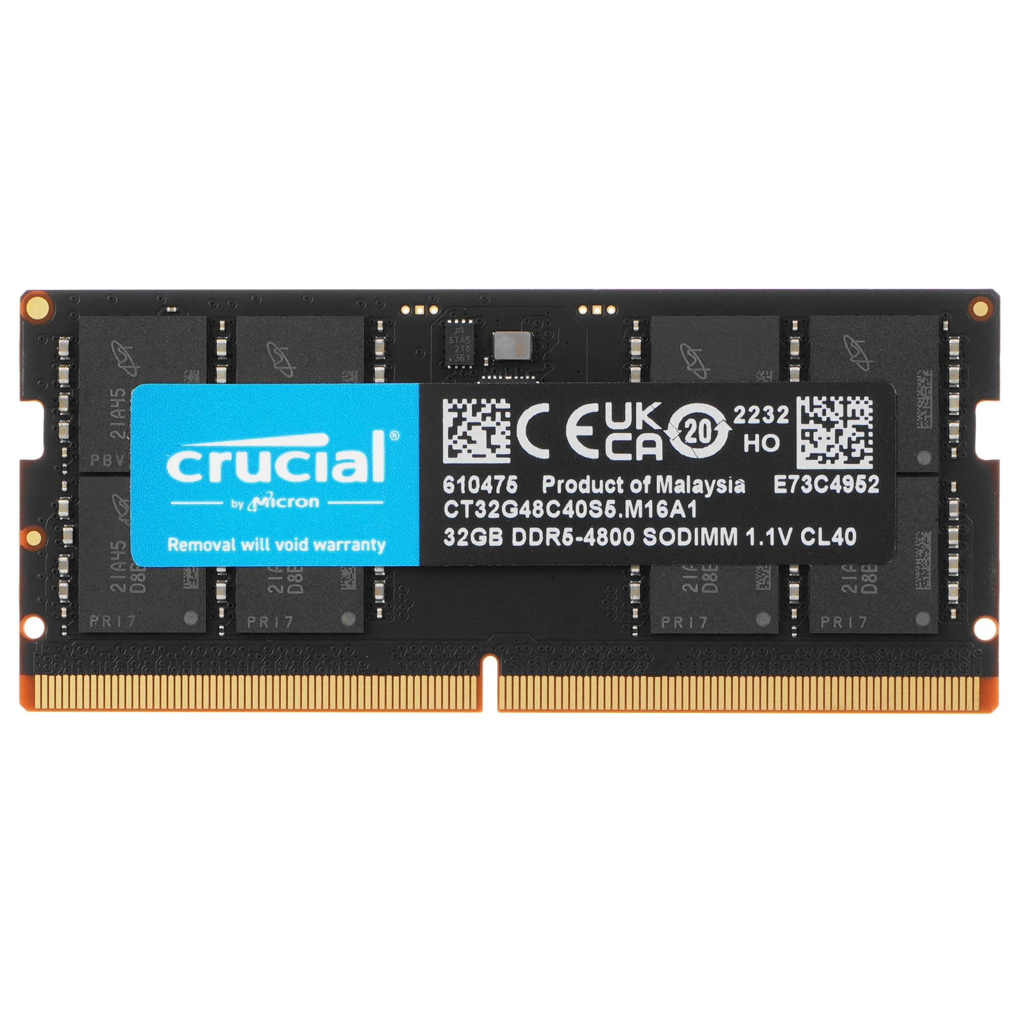 Оперативная память Crucial Premier, DDR5, 32GB (1x32GB), 4800 MHz, CL40, SO-DIMM