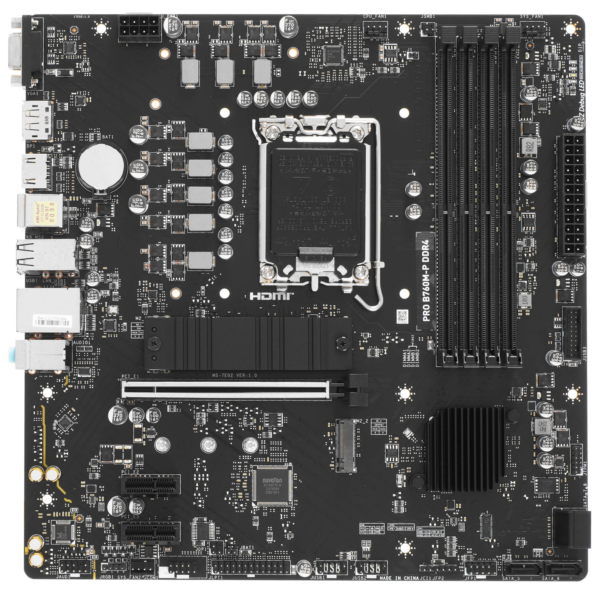 Материнская плата MSI PRO B760M-P DDR4, LGA1700, Intel B760, 4xDDR4, 4xSATA, 2xM.2, 1xPCIe 4.0 x16, 2xPCIe x1, DisplayPort, HDMI, D-Sub, 1x1Gb LAN, USB Type-C, 3x3.5 мм, 7.1, microATX