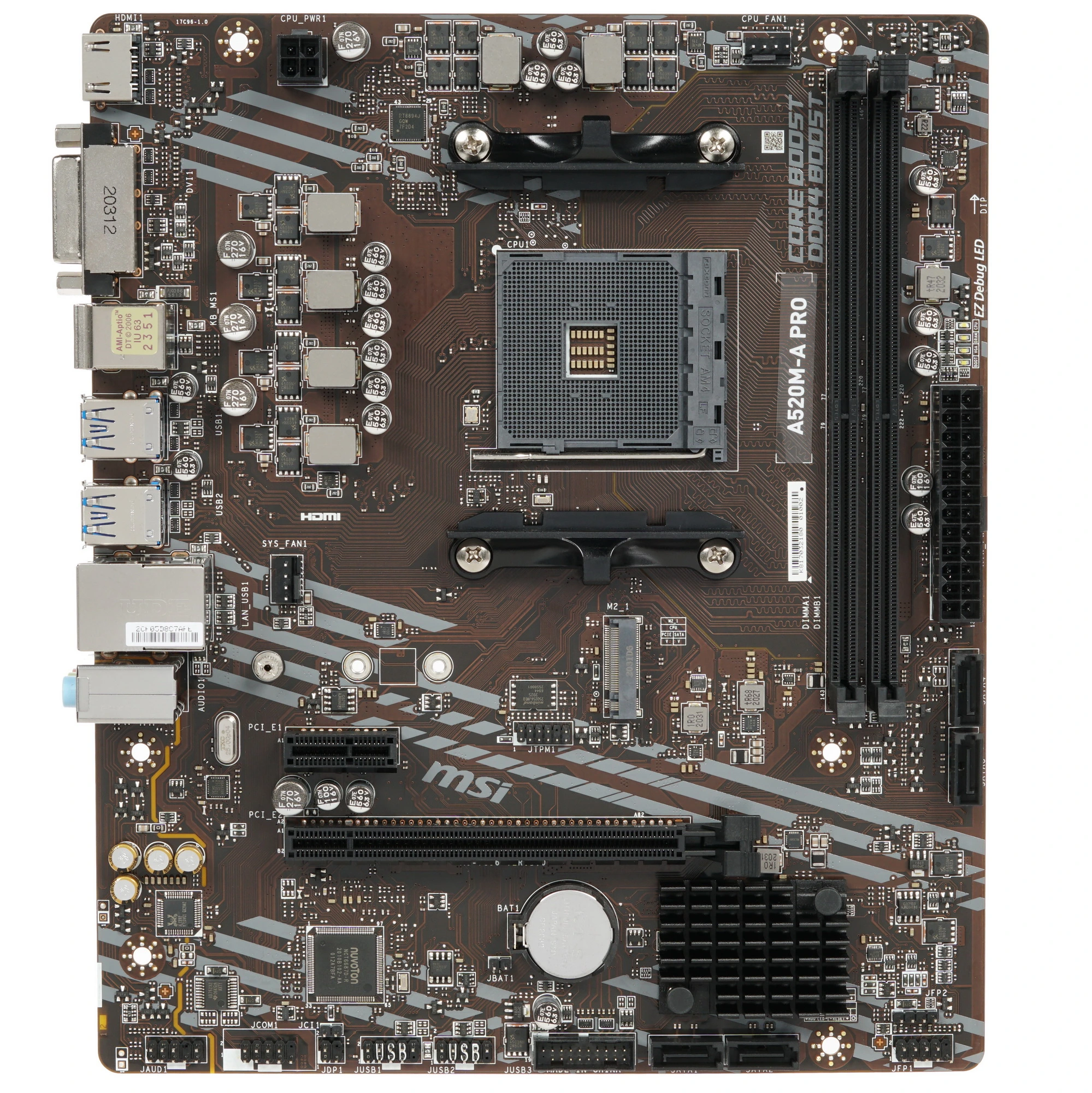 Материнская плата MSI A520M-A PRO, AM4, AMD A520, 2xDDR4, 4xSATA, 1xM.2, 1xPCIe 3.0 x16, DVI-D, HDMI, 1x1Gb LAN, 3x3.5 мм, 7.1, microATX