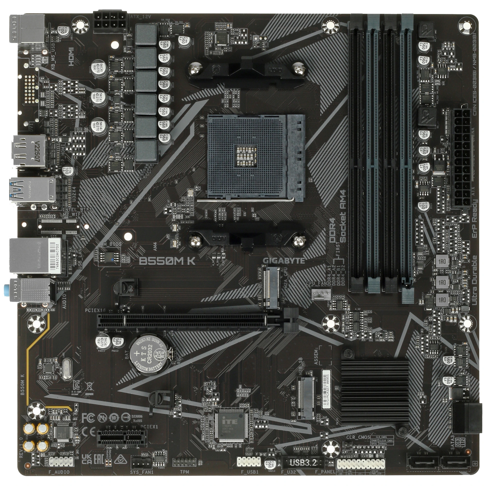 Материнская плата Gigabyte B550M K, AM4, AMD B550, 4xDDR4, 4xSATA, 2xM.2, 2xPCIe x16, 1xPCIe x1, DisplayPort, HDMI, 1xGb LAN, 8xUSB, 3x3.5 мм, 7.1, microATX