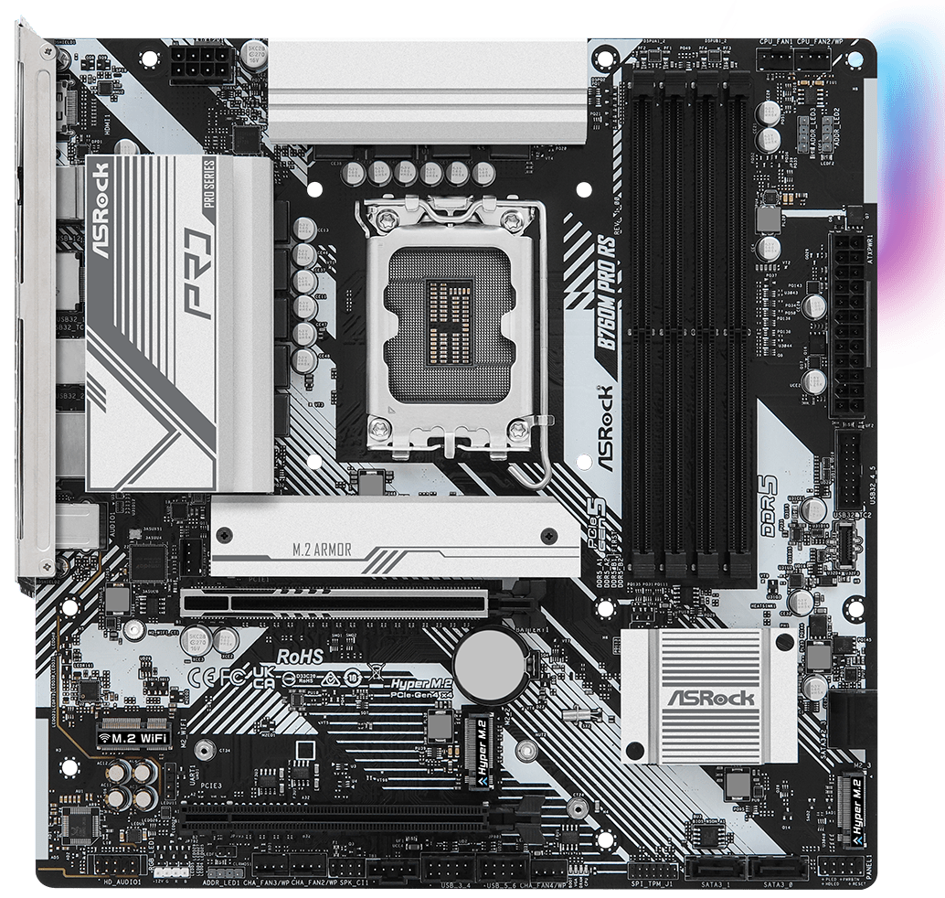 Материнская плата ASRock B760M Pro RS, LGA1700, Intel B760, 4xDDR5, 4xSATA, 3xM.2, 1xPCIe 5.0 x16, 1xPCIe 3.0 x4, DisplayPort, HDMI, 1x2.5Gb LAN, USB Type-C, 3x3.5 мм, 7.1, microATX